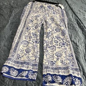 Angie Juniors Smocked Waist Border Print Pants Blue and White Wide-Leg Pants